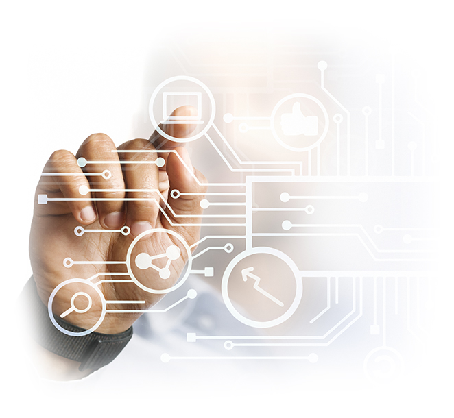 Businessman pointing at his presentation on the futuristic digit